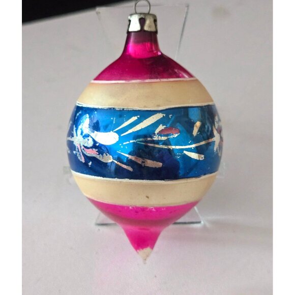 Vintage Hand-Painted Glass Christmas Ornament Pink & Blue Teardrop Design - Picture 2 of 4